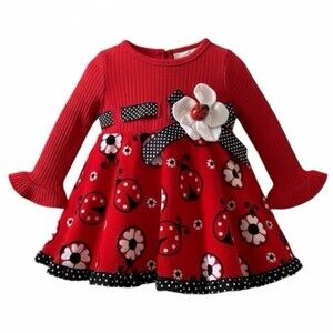 Rare Editions Ladybug Dress 3-6M Red Long Sleeve Ruffle Hem Floral Applique Baby